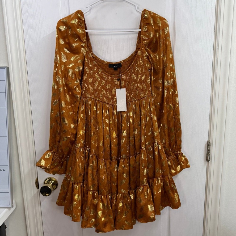 NEW Aeom copper gold leaf smocked tiered puff sleeve‎ babydoll mini dress small